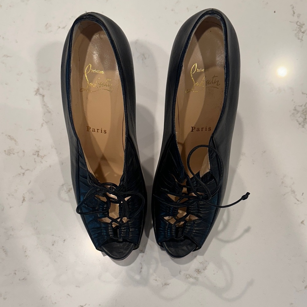 Christian Louboutin Black Lace-Up Peep Toe Heels